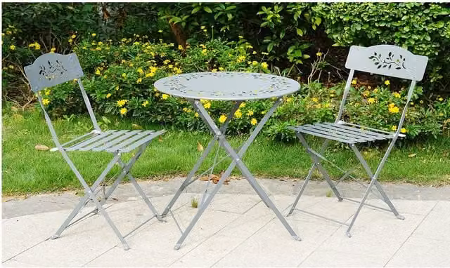 Gr8 Garden Leaf 3 Piece Floral Garden Folding Bistro Furniture Set in Matt Grey Metal