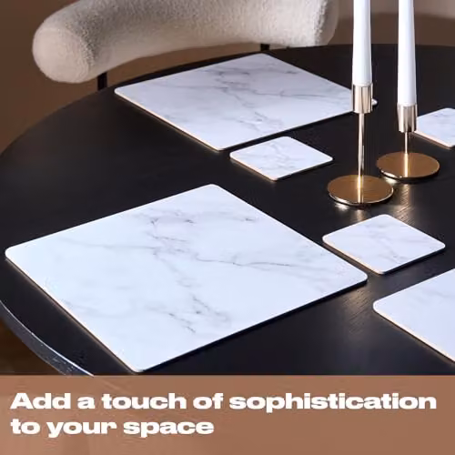 OHS White and Grey Marble Effect Placemat and Coaster Set, Non-Slip and Stain Repellent, W: 40 cm, D: 30 cm – 3