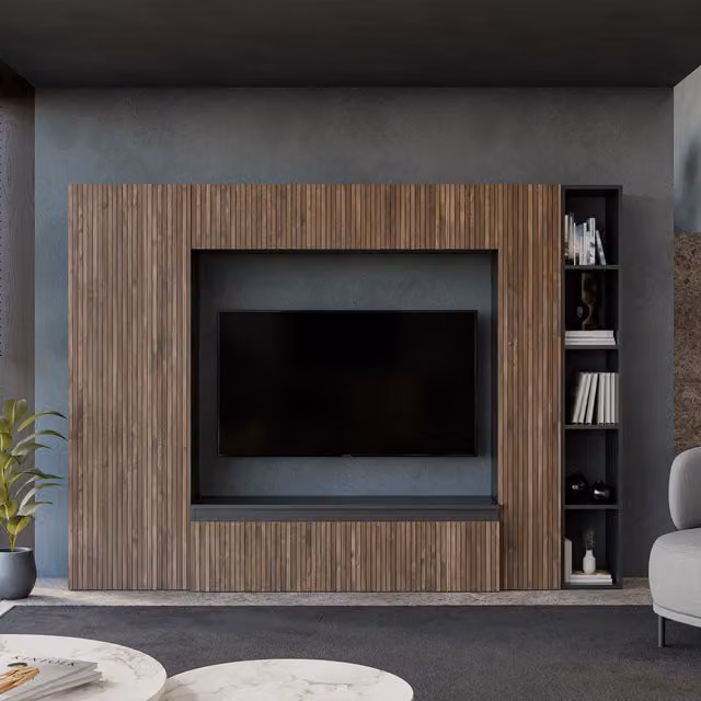 Decorotika Evora Wall Mounted Entertainment Center in Black, White and Brown with Abstract Pattern