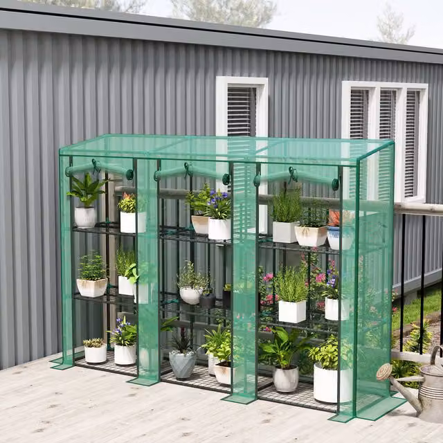 Outsunny 3 Tier Green Wall-Mounted Lean-to Mini Pent Greenhouse