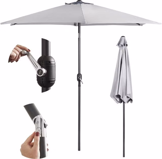 VonHaus 2.7m Grey Garden Parasol with Tilt and Hand Crank, UPF 50+ Polyester Canopy and Steel Frame