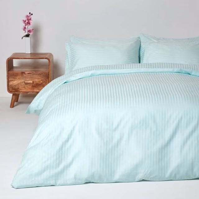 Homescapes Blue Striped Egyptian Combed Cotton Duvet Cover and Pillowcase Set, W/D/H: 140 x 200 cm