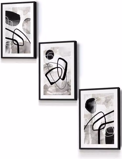 ARTZE Abstract Black Grey and White Watercolour Shapes Framed Wall Art, W: 33 cm, H: 45 cm, D: 0.2 cm