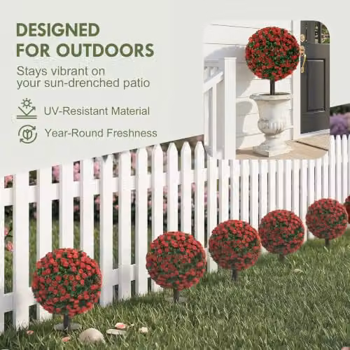 HOMCOM Set of 2 Red Artificial Rose Topiary Trees, UV-Resistant, Height: 55 cm – 3