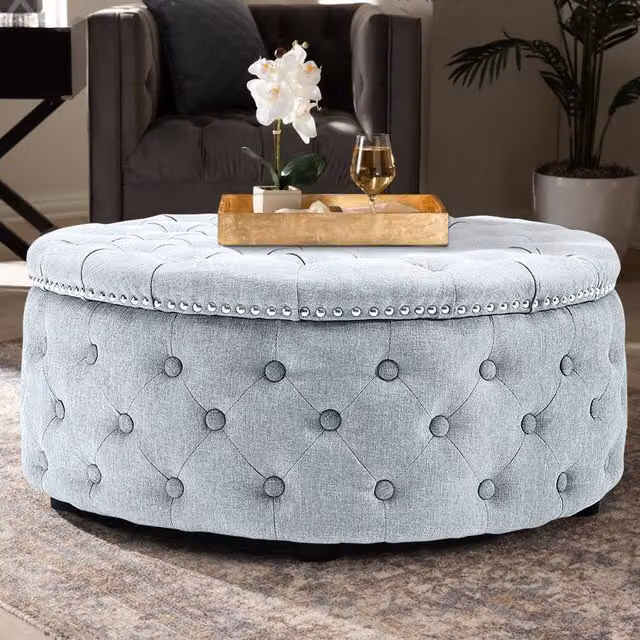 Livingandhome Round Tufted Upholstered Buttoned Footstool in White and Grey