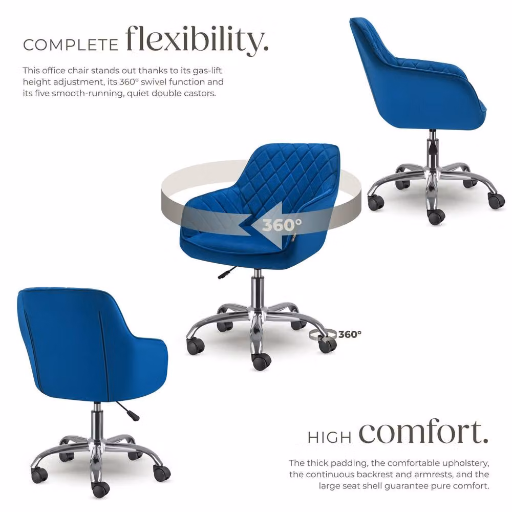 TECTAKE Nancy Modern Blue Velvet Upholstered Swivel Task Chair with Armrests and Castors – 3