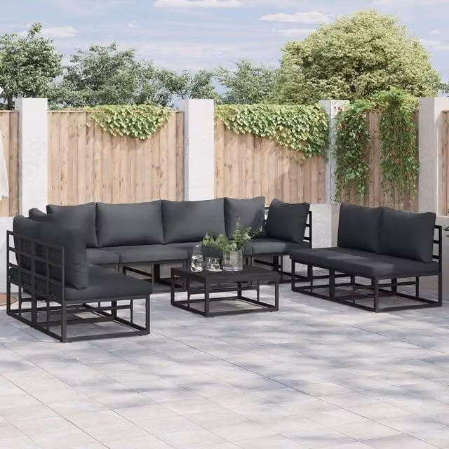 Berkfield Home 9 Piece Modern Garden Sofa Set in Black with Powder Coated Aluminium Frame and Upholstered Cushions, W/D/H: 70 x 70 x 32 cm – 1