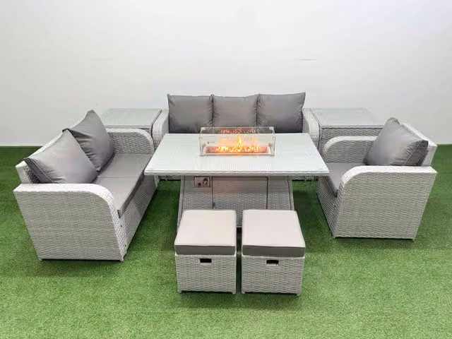 Fimous Patio 8 Seater Grey Rattan Outdoor Furniture Set with Firepit Dining Table, 3 Seater Sofa, Loveseat, Reclining Chairs, Stool and Ottoman