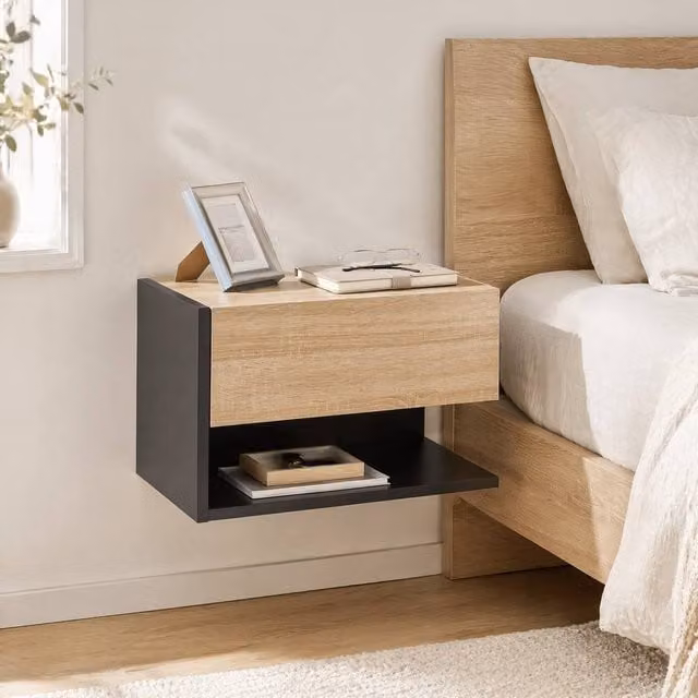 STILVORA Set of 2 Wall-Mounted Bedside Tables with Drawer and Shelf in Black