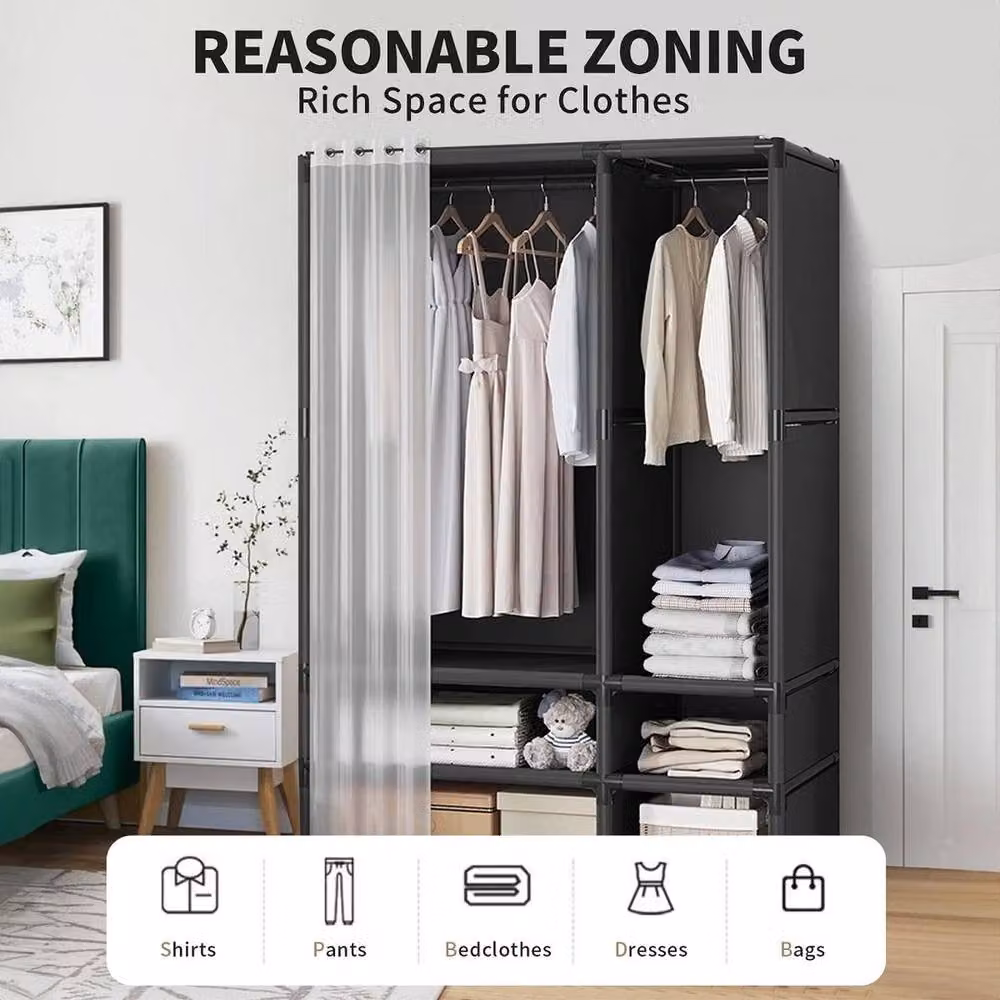 Hinsinc Large Closet Wardrobe Clothes Storage Cabinet with Shelves, Black, W/D/H: 50 x 45 x 166.6 cm – 3