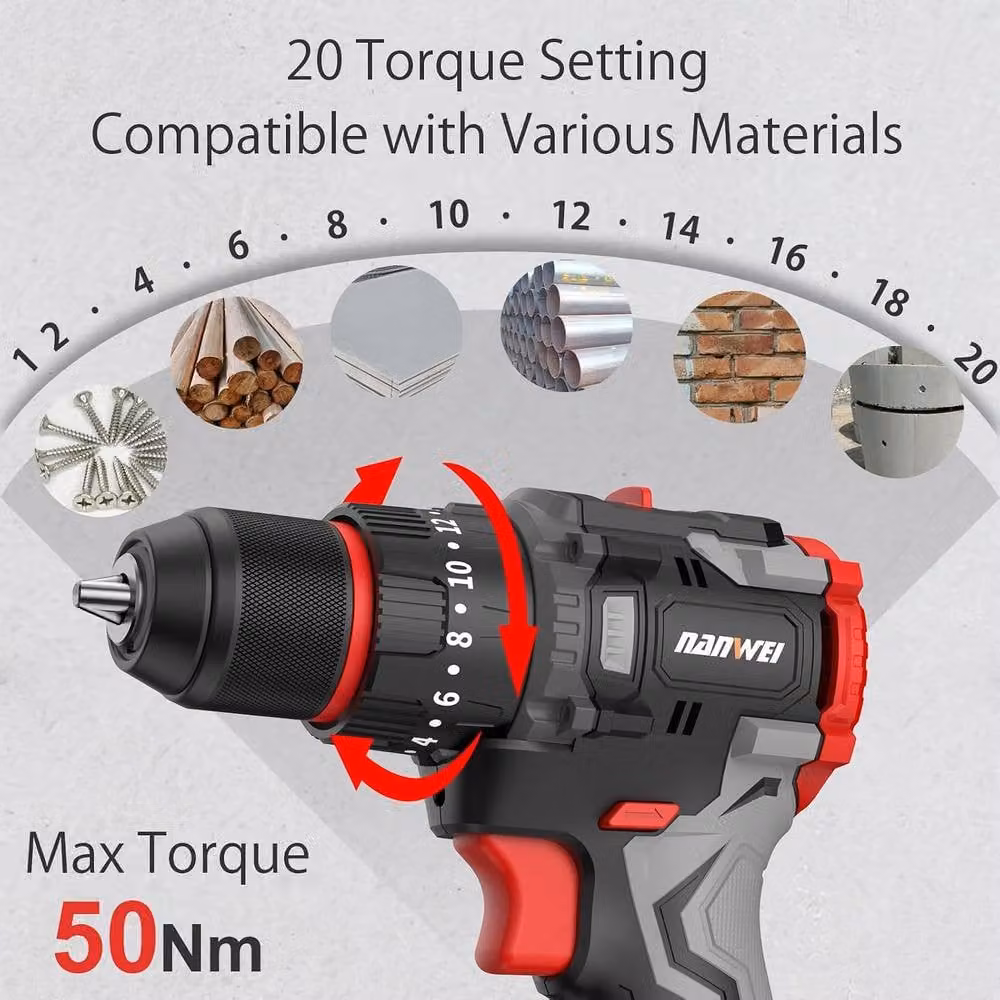 NANWEI 20V Cordless Drill Driver with 2 Rechargeable Batteries and LED Light, Multicolour – 2