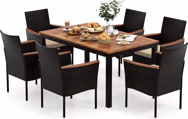 COSTWAY 7-Piece Modern Outdoor Patio Dining Set in Brown Treated Acacia Wood
