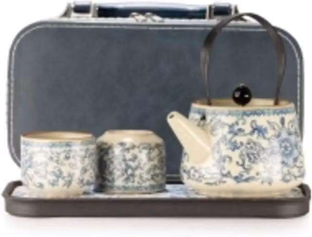 Serenityy Ceramic Floral Travel Teapot Set with Two Cups in Ru Blue – 1