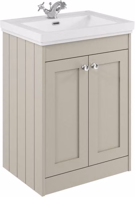 Balterley 600mm Floor Standing 2 Door Bathroom Unit with Classic Basin and 1 Tap Hole in Pebble Grey