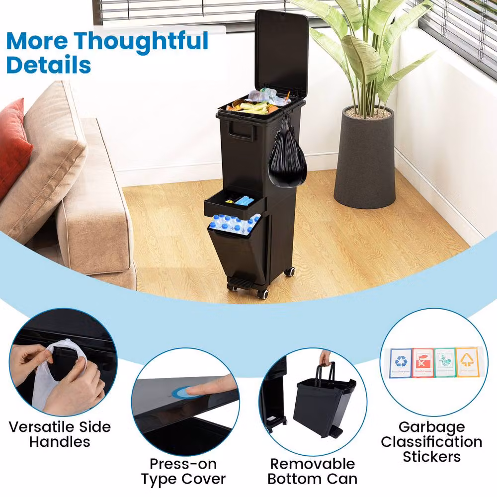 Costway Black Plastic Step-on Kitchen Trash Can with Drawer and Removable Inner Bucket – 7