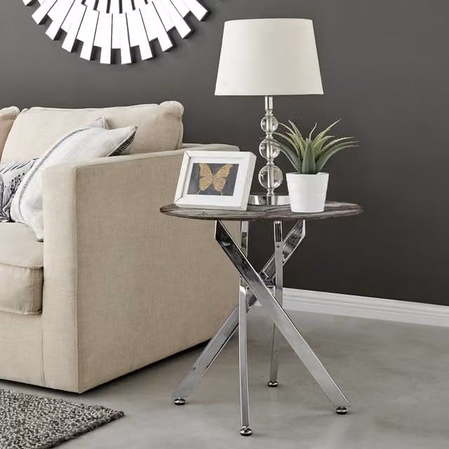 FurnitureboxUK Novara Round Side Table with Grey Marble Effect Glass Top and Silver Metal Legs