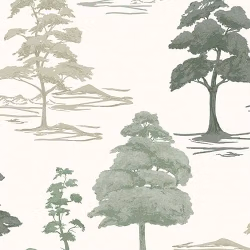 Belgravia Decor Carlotta Tree Motif Metallic Textured Vinyl Wallpaper in Sage Green – 1