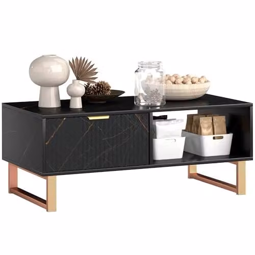HOMCOM Modern Black and Gold Rectangular Coffee Table with Metal Frame