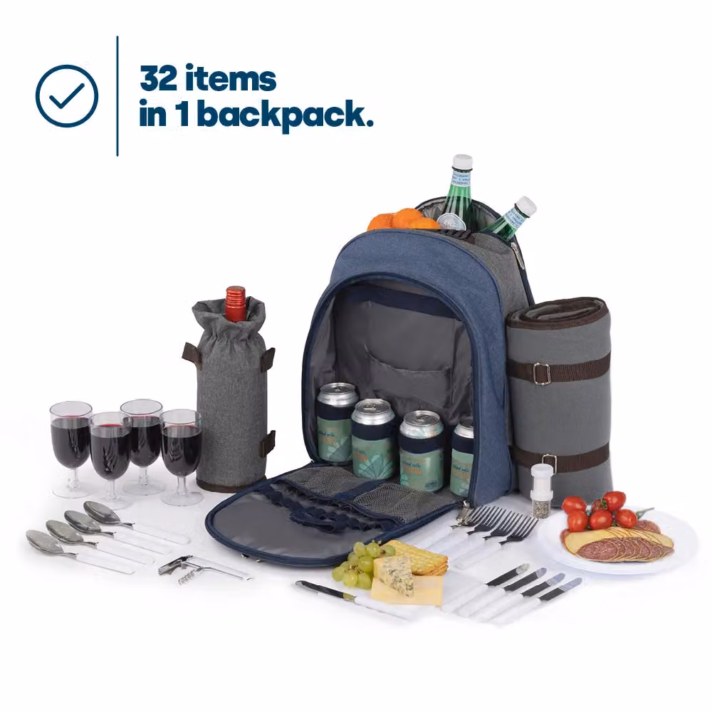 LIVIVO 4 Person Picnic Backpack Set with Blanket, Cutlery, Plates, Wine Glasses and Insulated Bottle Holder in Blue – 3