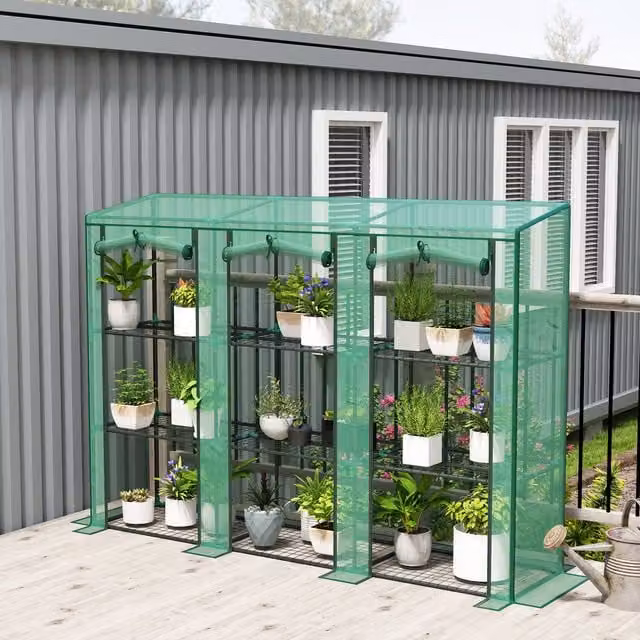 Outsunny 3 Tier Green Wall-Mounted Lean-to Mini Pent Greenhouse