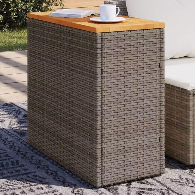 Berkfield Home Garden Side Table with Acacia Wood Top and Grey Poly Rattan, W: 58 cm, D: 27.5 cm, H: 55 cm
