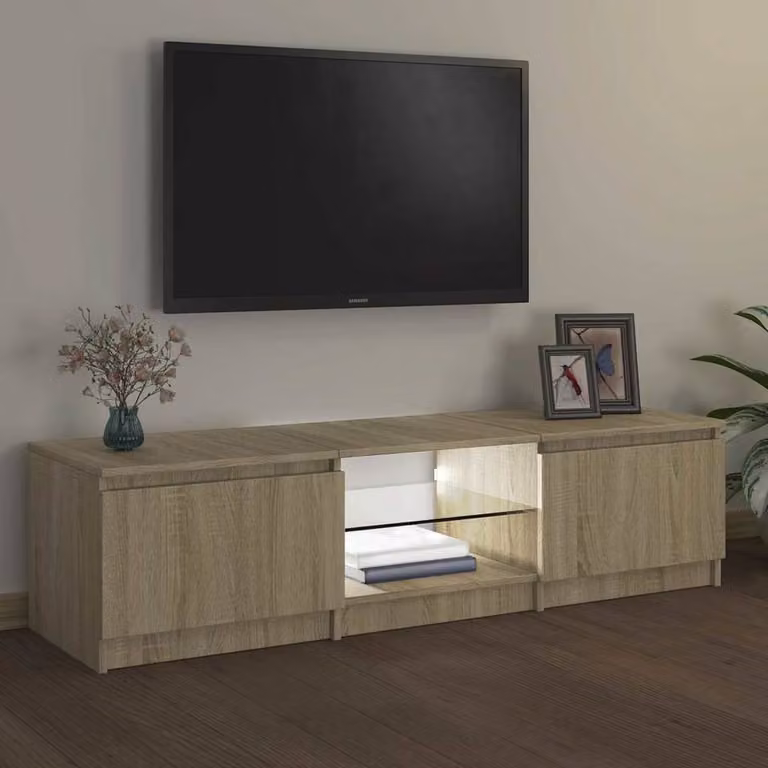 Berkfield Home Modern TV Cabinet with LED Lights in Sonoma Oak and Beige, W: 140 cm, D: 40 cm, H: 35.5 cm