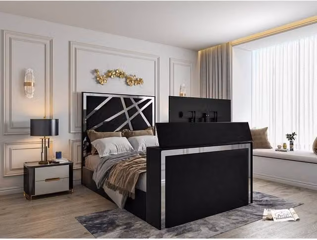 KDMD Morgan Single Upholstered Soft Velvet TV Bed Frame in Black with Lift Up Base