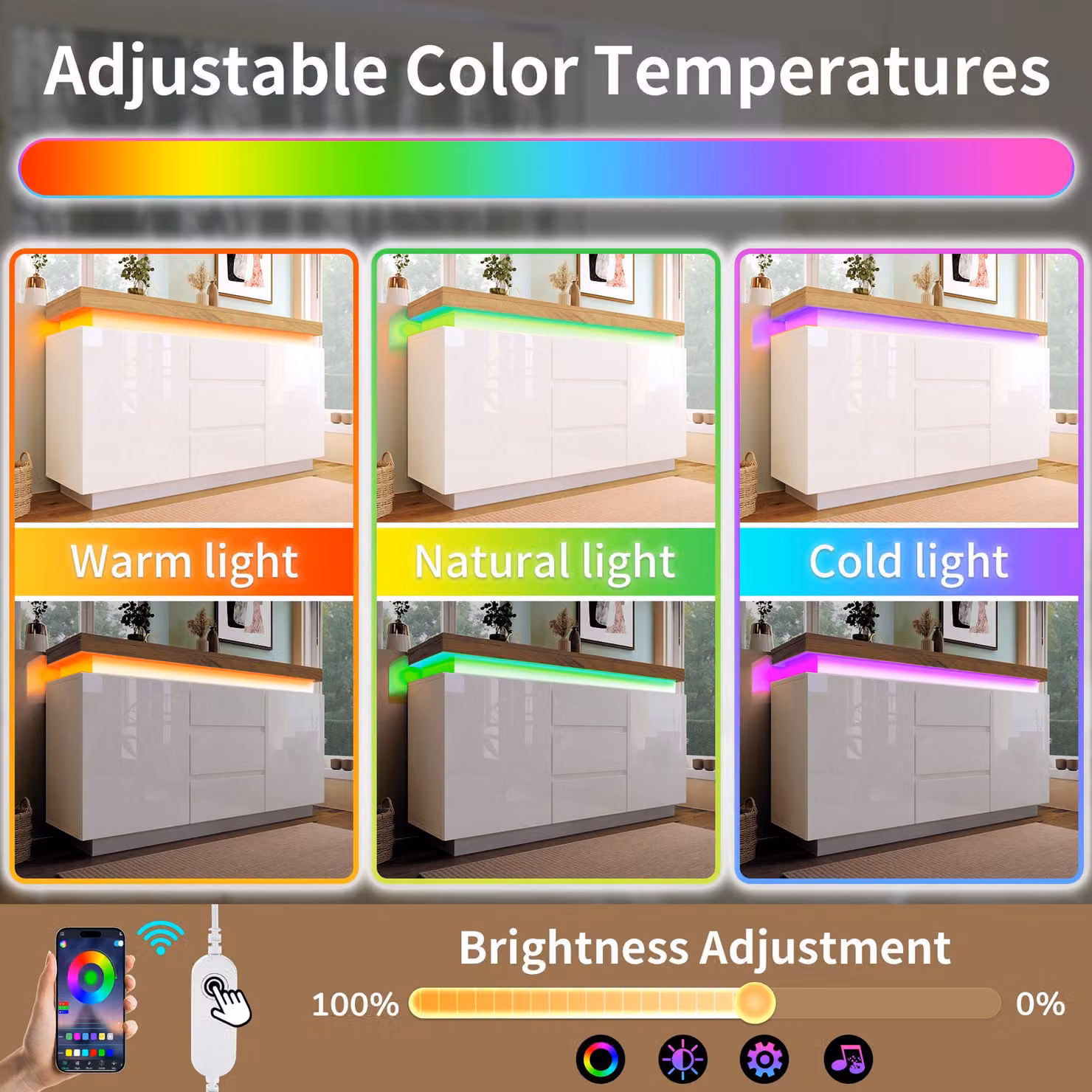 Aosom.UK Modern High-Gloss Storage Cabinet with 2 Doors, 3 Drawers and App-Controlled LED Light, White, W: 140 cm, D: 39 cm, H: 81 cm – 4
