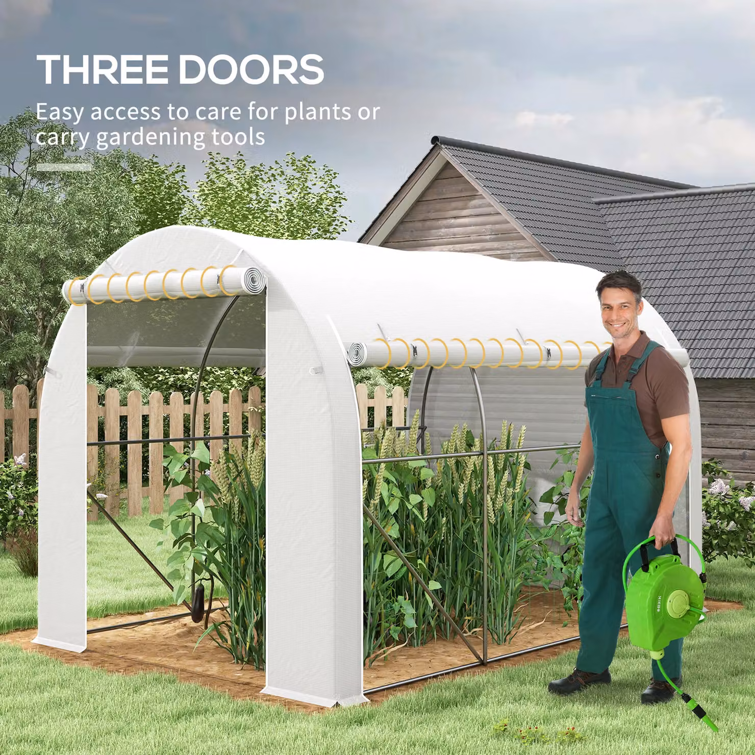 Outsunny White Polytunnel Greenhouse with Galvanised Steel and Plastic Frame, featuring Windows and Roller Door, W/D/H: 5.8 x 2.96 x 2.0 m – 4