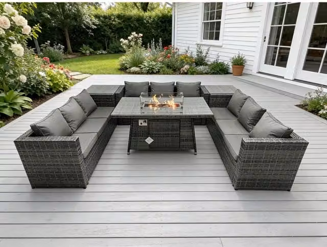 Fimous 9-Seater Rattan Gas Fire Pit Dining Set with Side Tables in Dark Grey Mixed
