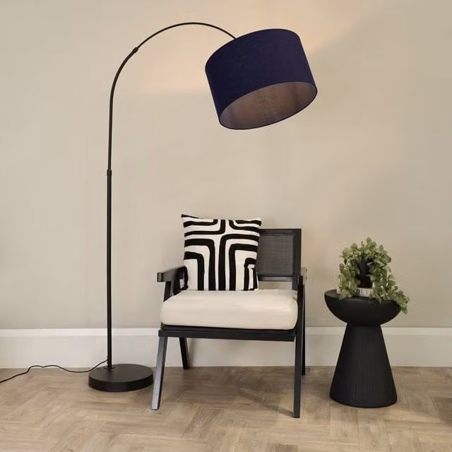 ValueLights Louis Black Arched Curved Floor Lamp with Navy Blue Fabric Drum Shade and LED Bulb