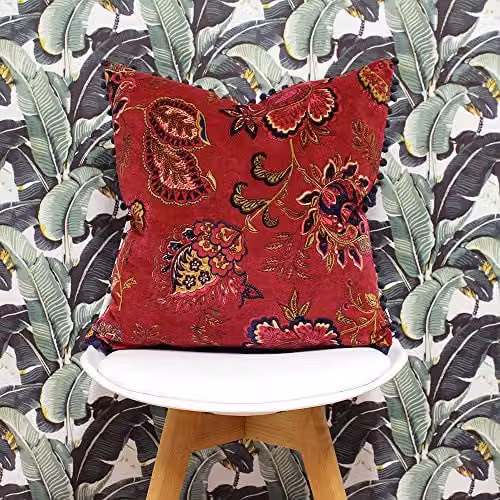 Riva Paoletti Malisa Square Paisley Print Cushion in Red and Blue with Pompom Edges, W/D/H: 50 x 50 x 50 cm – 2