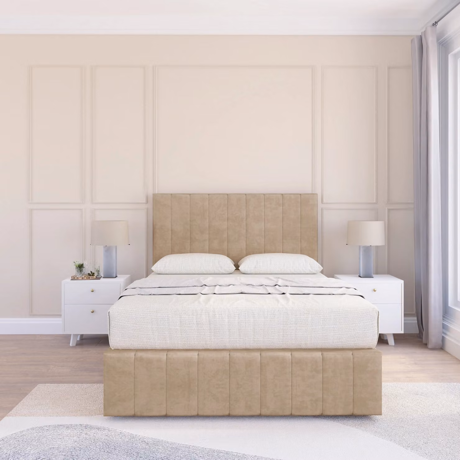 Sloomy California Chesterfield Divan Bed Base with 26 inch Struts Headboard and 12 inch Footboard in Beige Velvet, W/D/H: 120 x 200 cm
