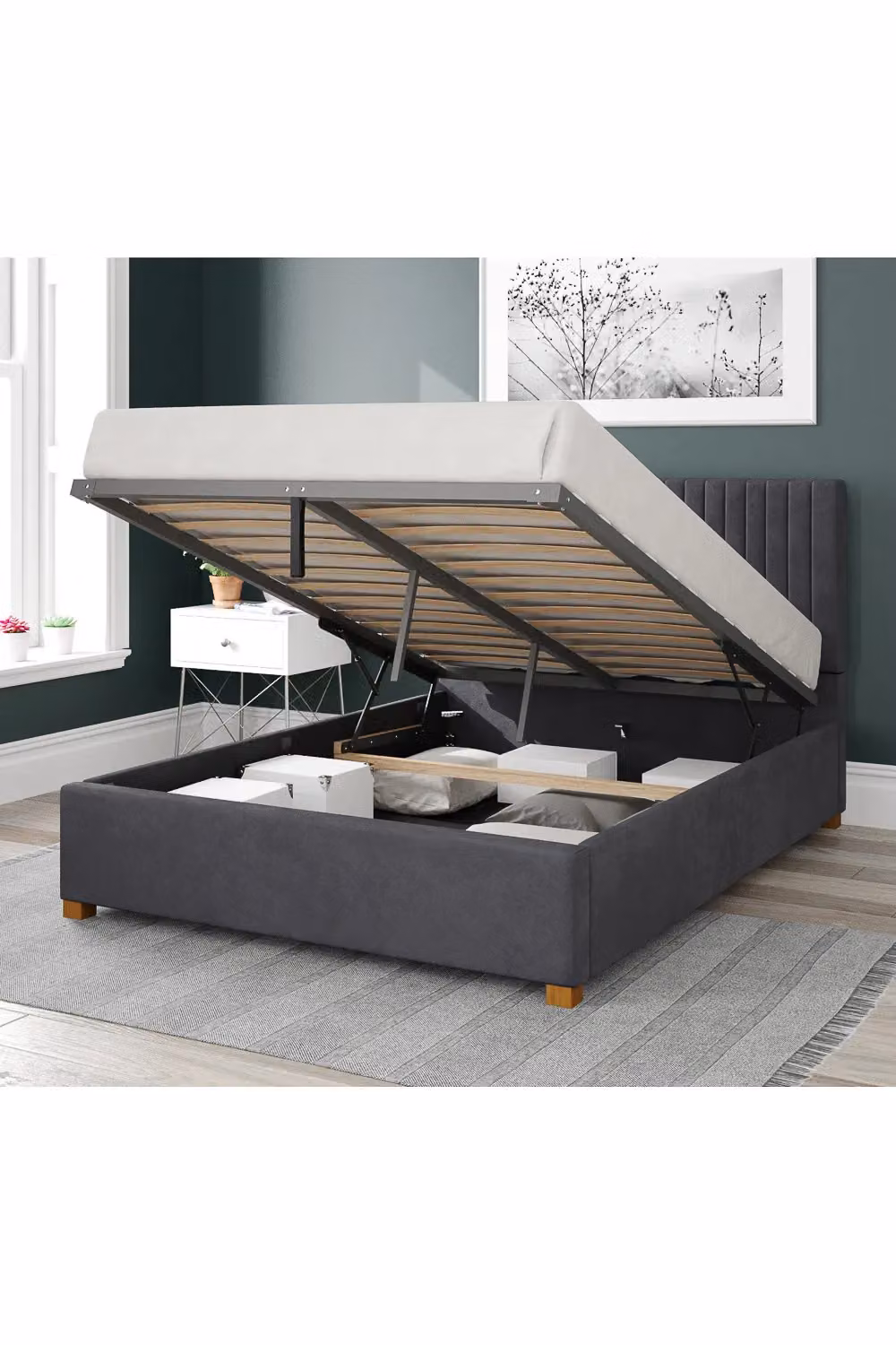 Aspire Grant Upholstered Ottoman Storage Bed in Grey Plush Velvet, W/D/H: 180 x 160 x 35 cm – 2
