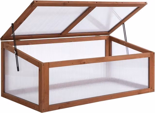 Outsunny Wooden Framed Polycarbonate Cold Frame Greenhouse with Hinged Tilted Top Cover, Brown, W: 100 cm, D: 65 cm, H: 40 cm