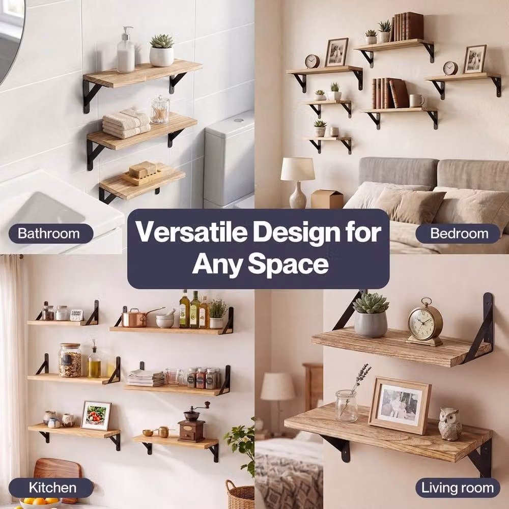 Kelvenix Set of 6 Brown Wood and Metal Floating Wall Shelves – 2