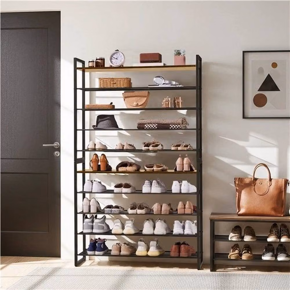 KORVIXA 10-Tier Stackable Industrial Shoe Rack in Brown and Black Metal and Wood, H 166.5 x W 100.0 x D 30.0 cm – 3