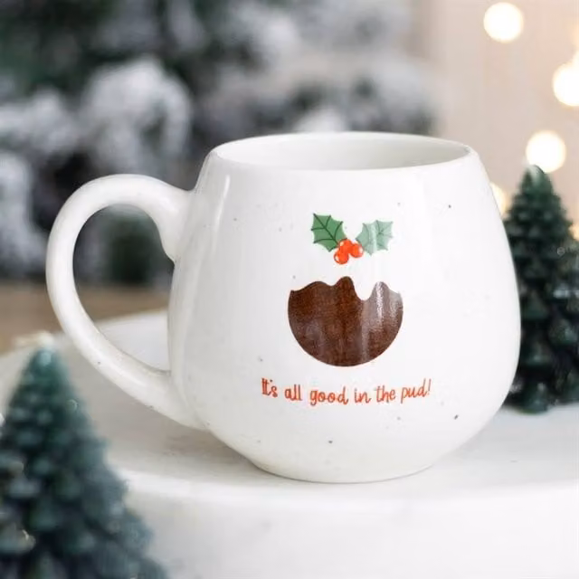 Uniqueful All Good in the Pud Rounded Christmas Ceramic Mug in White, 500 ml