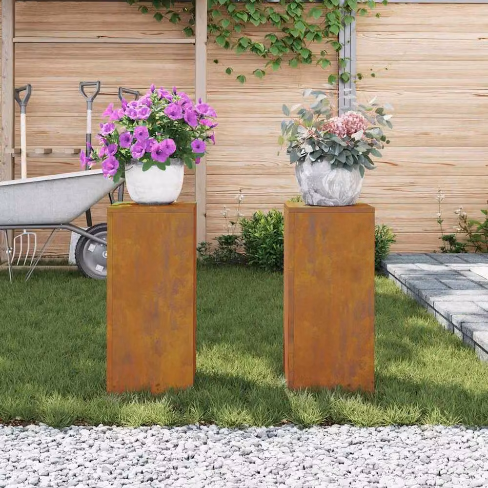 Berkfield Home Outdoor Plant Stand Pillar Set of 2 in Weathering Steel, Brown/Multicolour, W/D/H: 24 x 24 x 55 cm – 2