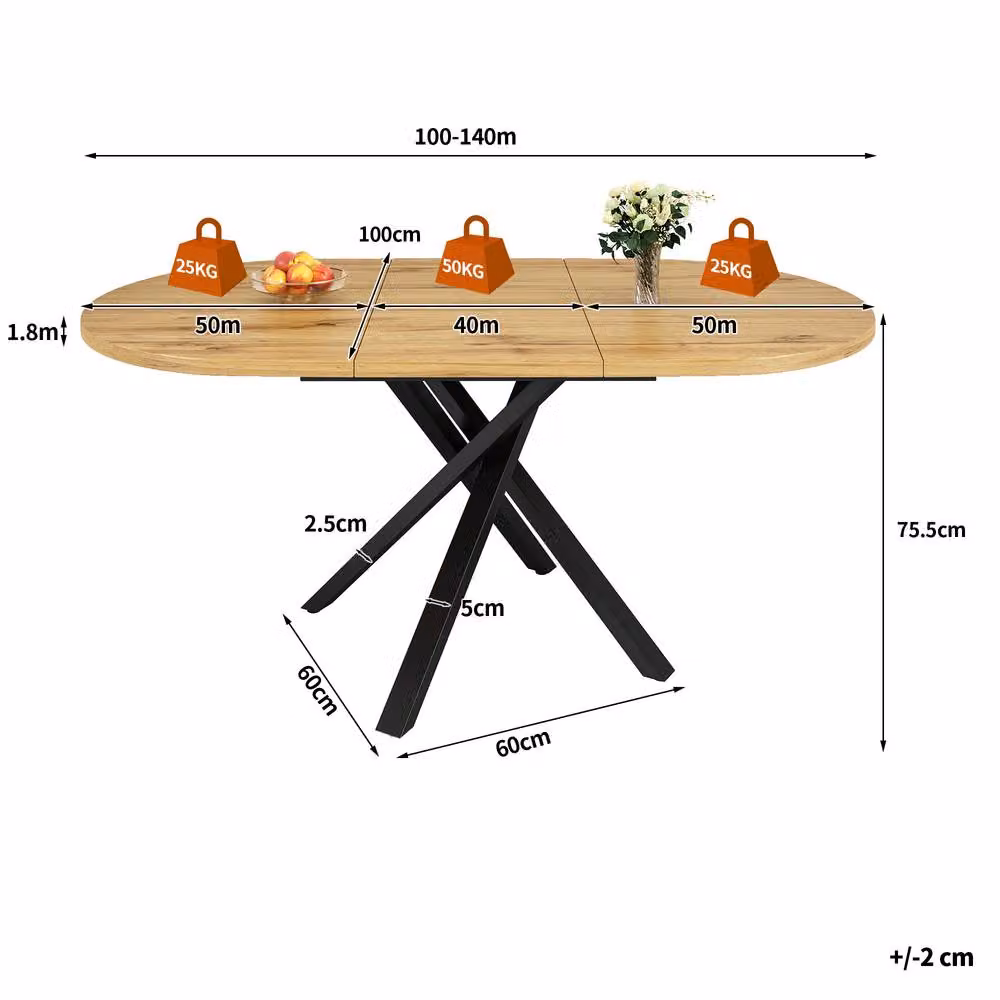 BTM Extendable Round to Oval Dining Table with Metal X-Frame in Brown Natural – 2