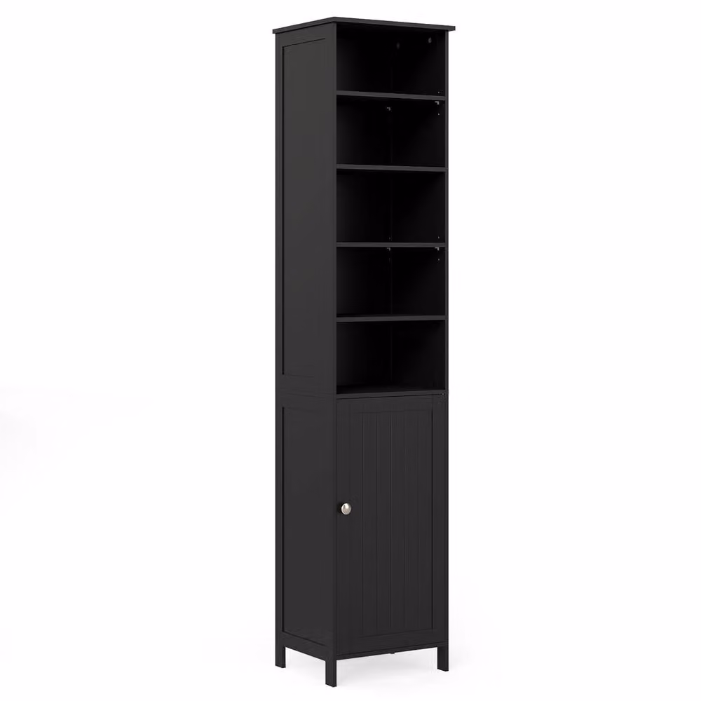 Gymax Black Slim Bathroom Tall Floor Cabinet with 5 Open Shelves and Hinged Doors – 8