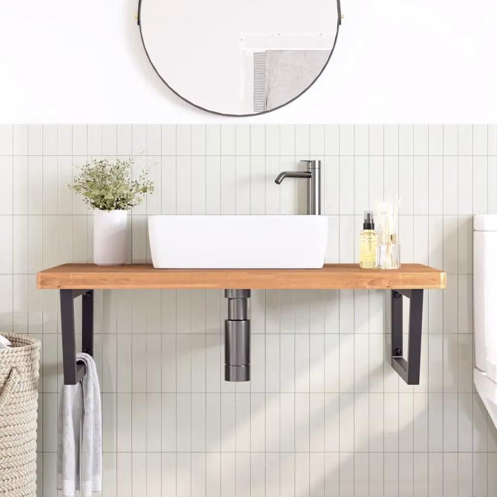 Berkfield Home Wall Mounted Basin Shelf in Brown Steel and Solid Beech Wood – 2