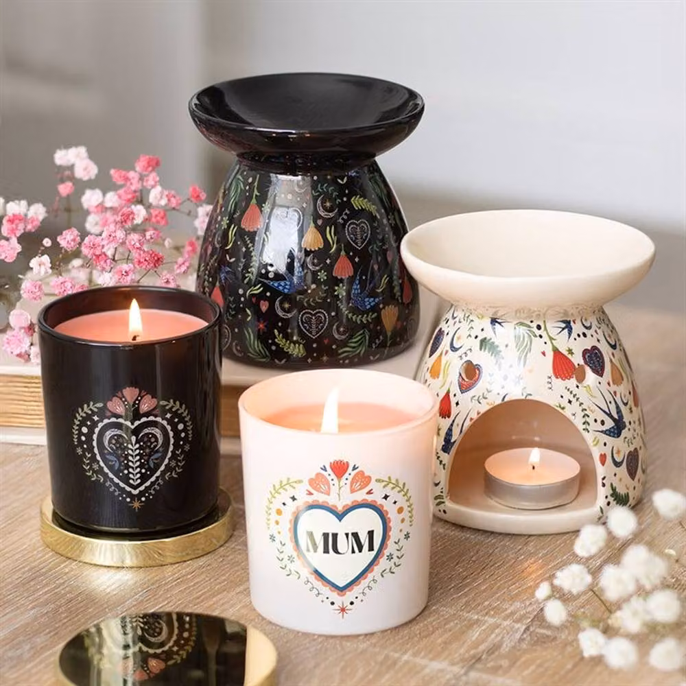 Uniqueful Midnight Bloom Floral Ceramic Oil Burner in Black – 2