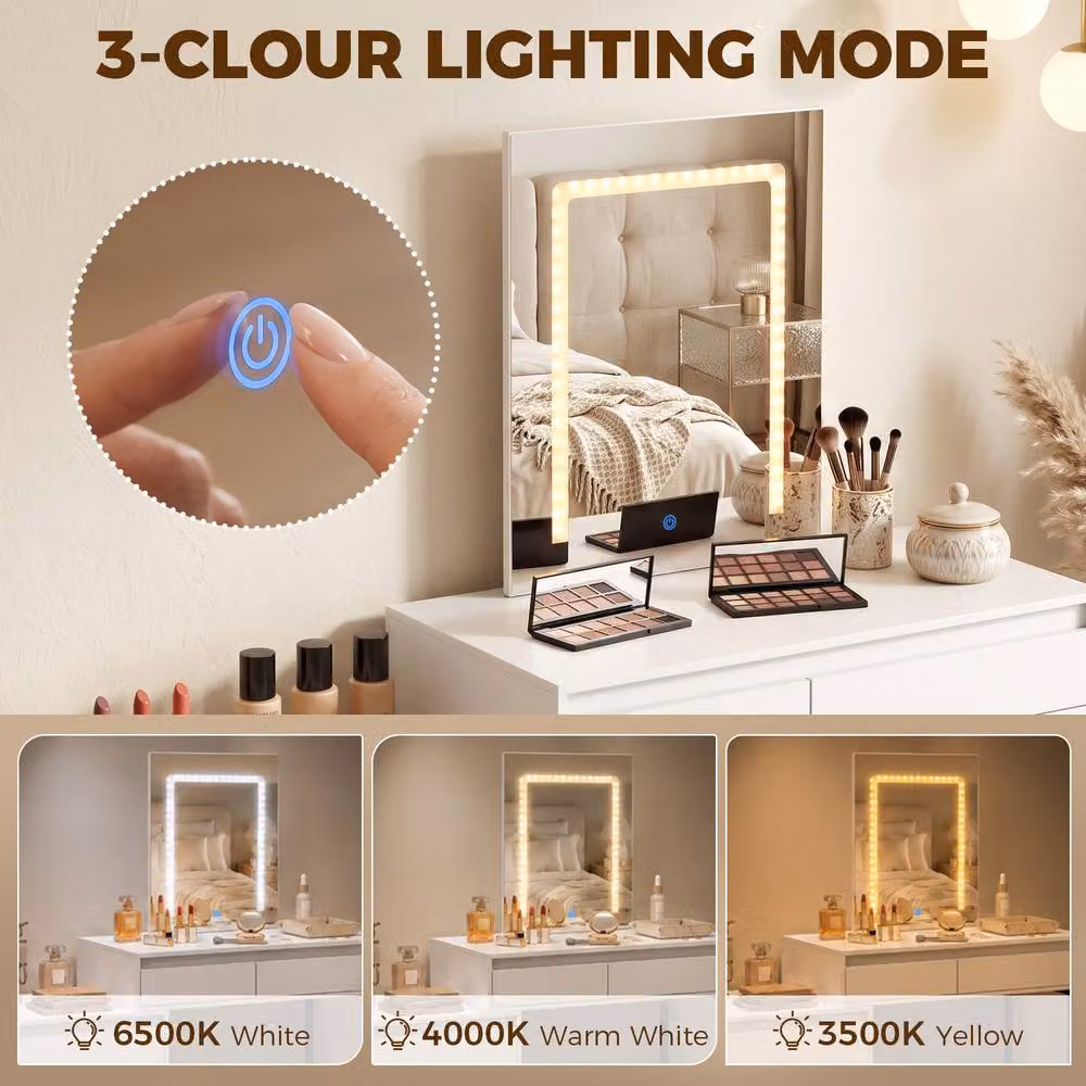 HOMCOM Modern White Vanity Makeup Desk with Hollywood LED Mirror – 2