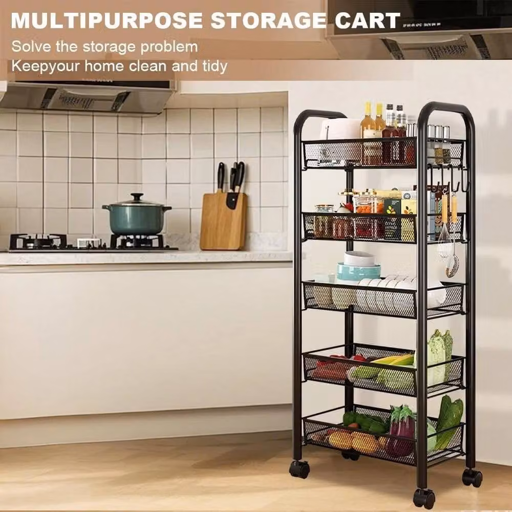 NESTLUNE 5 Tier Rolling Free Standing Kitchen Storage Cart in Matt Black, W/D/H: 100 x 15 x 5 cm – 3