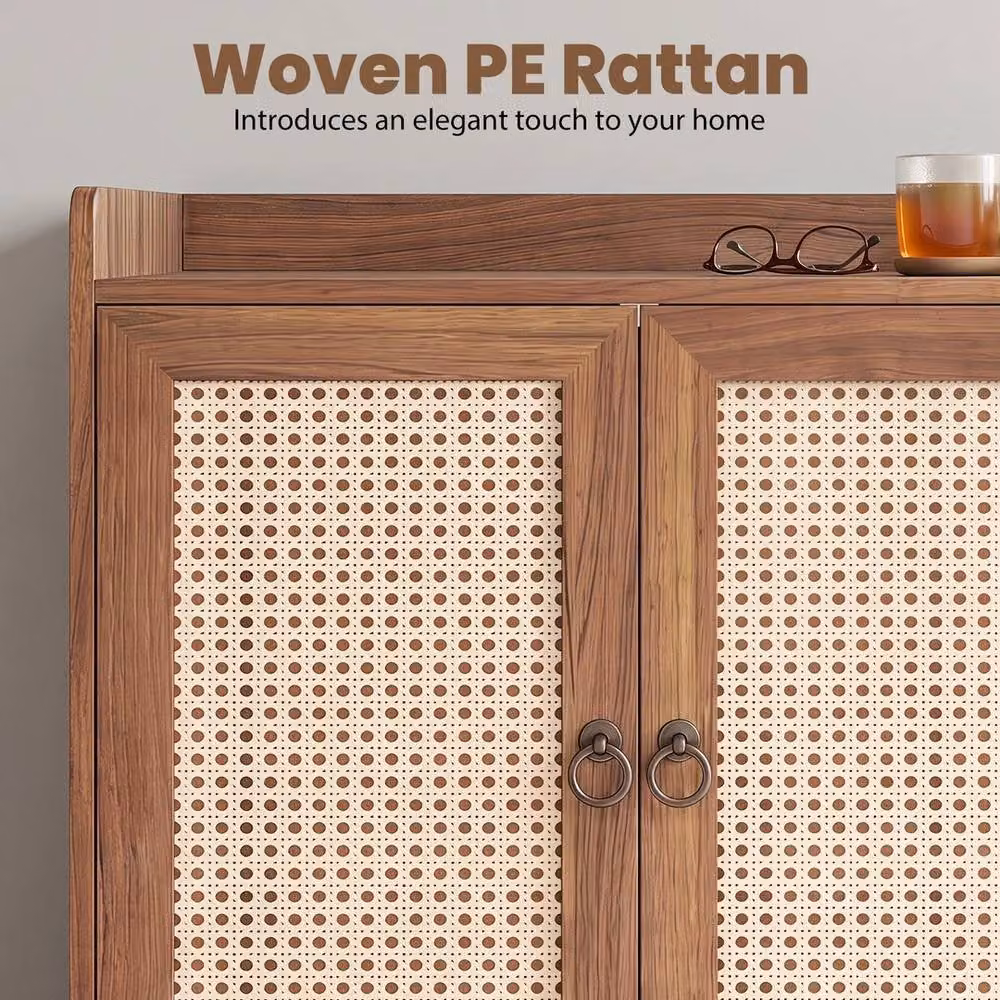 VOGREX Brown Rattan 2 Door Sideboard Bar Cabinet with Adjustable Shelves – 3