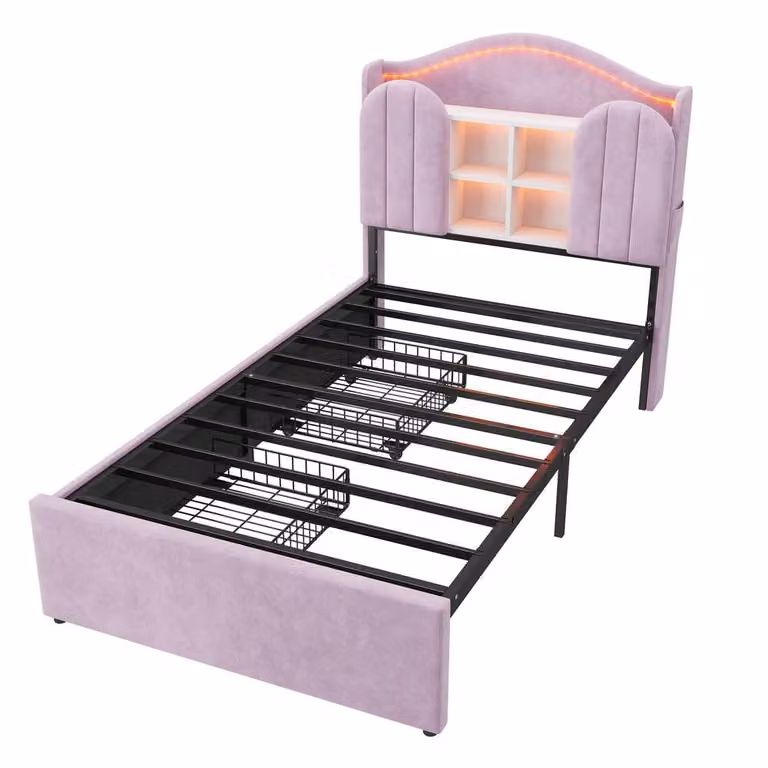 Merax 3ft Single Velvet Upholstered Bed with Storage Headboard, LED Lighting, USB Charging Port and Drawers in Purple, W/D/H: 90 x 190 x 120 cm