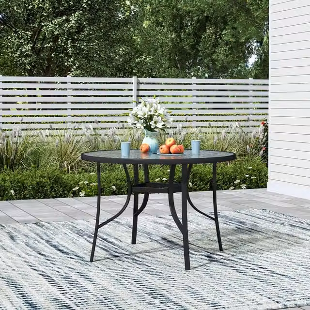 Breeins Modern Round Outdoor Garden Table with Black Glossy Tempered Glass and Metal Frame
