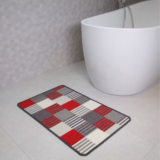The Rug House Red and Grey Geometric Block Striped Non Slip Washable Kitchen Utility Mat, Width: 80 cm
