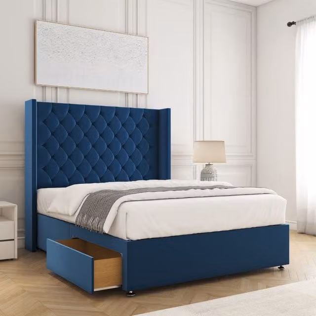 BSSPOKE Winchester Plush Divan Bed with 54 inch Headboard and 2 Drawers in Blue, Small Double, W/D/H: 120 x 200 cm